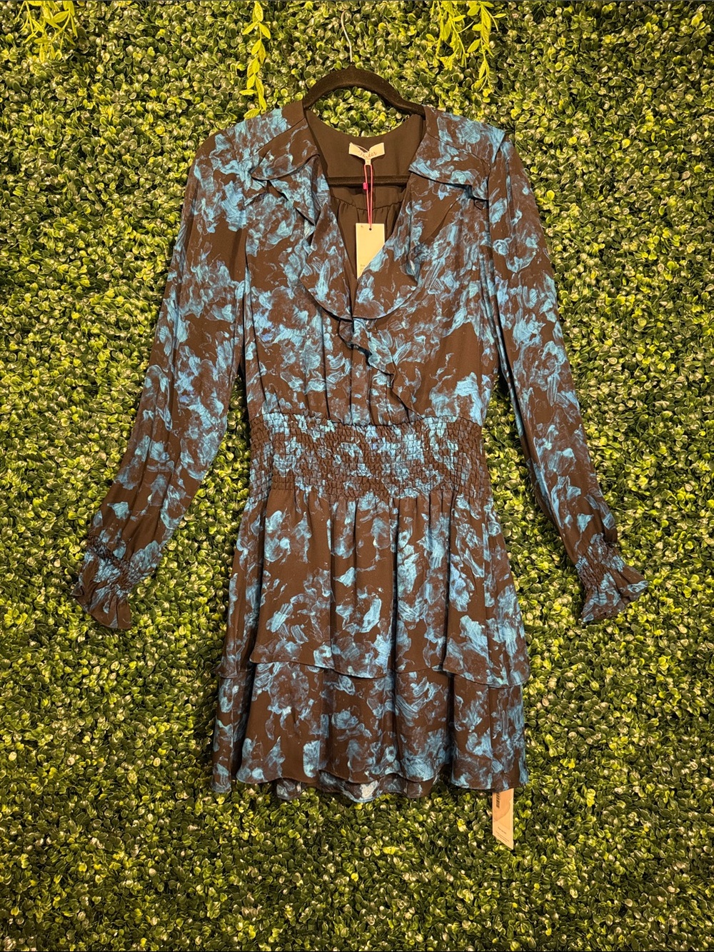 Parker Brown and Blue Floral Long-Sleeve Ruffle Dress